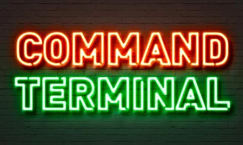 Command terminal neon sign on brick wall background. Stock Illustration