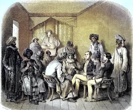 Commander Desfosses in Yoube Soudi concluding a treaty with the Iman of Muscat Stock Illustration