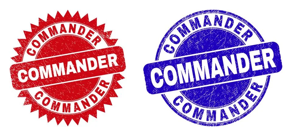 COMMANDER Round and Rosette Stamp Seals with Grunged Surface Stock Illustration