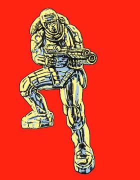 Commando in armor suit with large rifle. Vector illustration. Stock Illustration