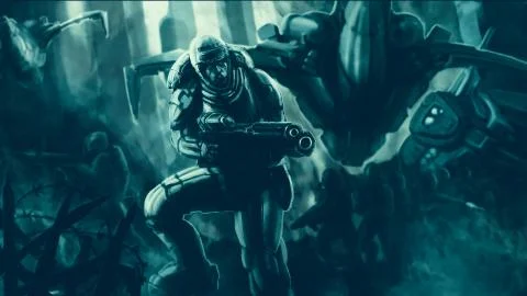 Commando in armor suit with large rifle fighting Stock Illustration