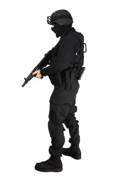 Commando Special force soldier in black tactical suit. ,model released, Sy... Stock Photos