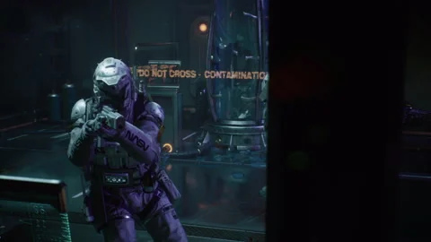 Commando squad sneak inside Sci-Fi Laboratory 09 Stock Footage 198633183