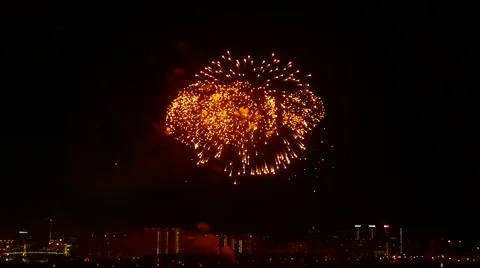 Commemorative fireworks over dormitory area, large explosions in black sky Stockbeeldmateriaal 67206503