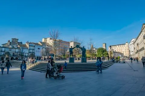 Commemorative sculpture of access to the main square of Lugo city Stock Photos