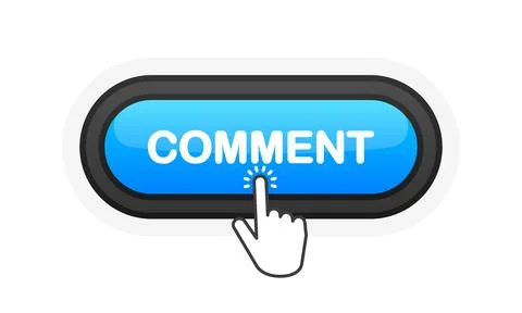 Comment blue realistic 3D button isolated on white background. Hand clicked.  Stock Illustration