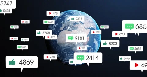 Comment bubble appearing on 3D rotating Earth fueling chat, like and play icons Stock Footage 311140107