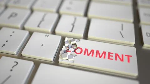 Comment key being destroyed on the computer keyboard. Conceptual 3D rendering Stock Illustration