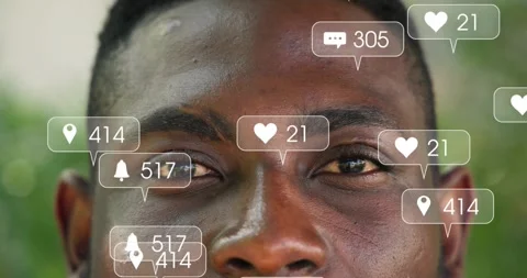Like comment share icons appearing from left over man forehead, clustering then Stock Footage 316703194