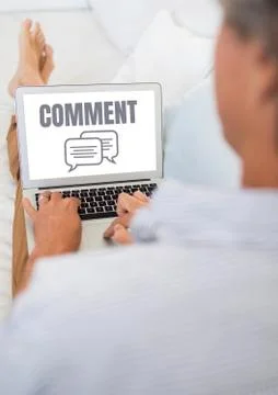 Comment text and chat graphic on laptop screen with hands of man relaxing Stock Photos
