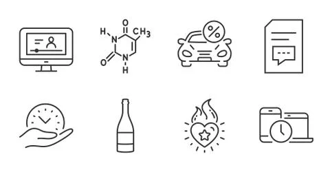 Comments, Heart flame and Champagne bottle icons set. Time management, Car Stock Illustration