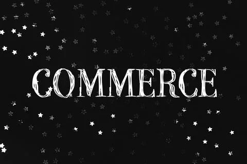 Commerce concept featuring the word 'COMMERCE' in bold letters surrounded by Foto stock