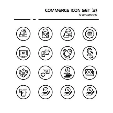 Commerce line icon set in a circle. People, cashier machine, phone, security, Stock Illustration