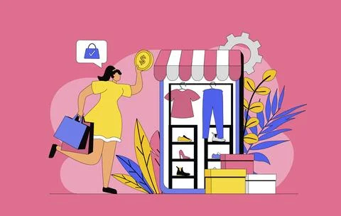 Commerce in mobile app concept with modern flat design for web. Woman looking Stock Illustration