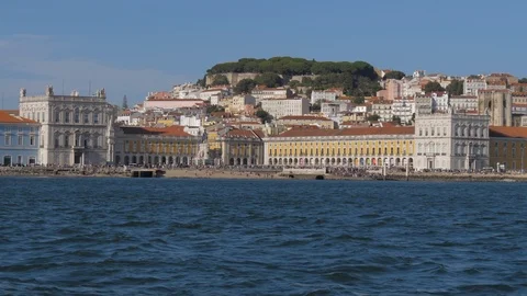 Commerce square lisbon view from ship in river tagus slow motion 4k Stock Footage 120158598