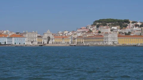 Commerce square lisbon view from ship in river tagus slow motion Stock Footage 120162945