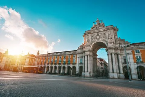 Commerce Square or Praca do Comercio and Rua Augusta Arch in Lisbon, Portugal Stock Photos