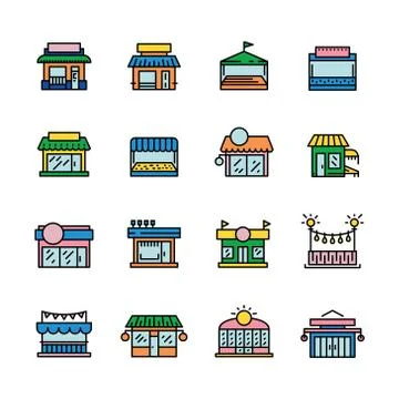 Commerce store front outline vector icon flat Illustrazione stock