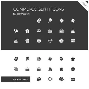 Commerce. Store, tag, wallet, pay, label, money, location and call center gro Stock Illustration
