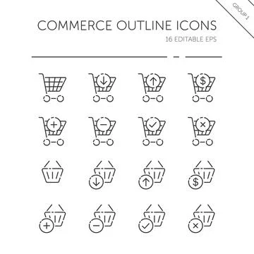 Commerce thin line icon set. Shopping cart and basket. Store web. Outline vec Stock Illustration