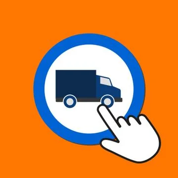 Commerce van icon. Delivery concept. Hand Mouse Cursor Clicks the Button. Stock Illustration