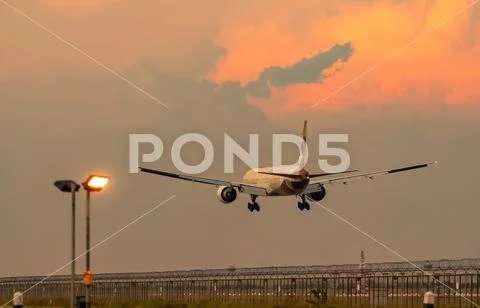 Commercial airline. Passenger plane landing at airport with beautiful sunset Stock Photos