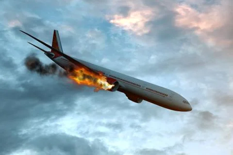 Commercial airplane with engine on fire, concept of aerial disaster. 3D illus Stock Photos