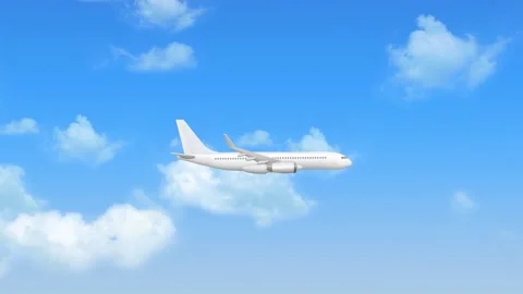 Commercial Airplane Flying Through Clouds Animation over Blue Sky Stock Footage 339881041