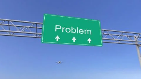 Commercial airplane passing problem road sign. Conceptual 3D rendering Stock Illustration