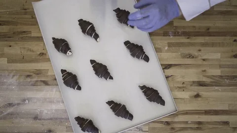 Commercial Bakery. Process of putting chocolate croissants on baking tray Stock Footage 78031437