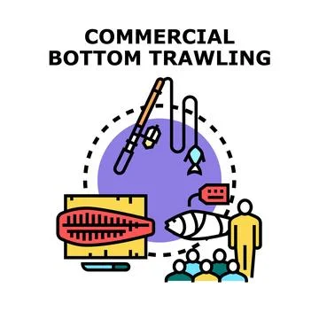 Commercial bottom trawling fishing processing and market concept Stock Illustration