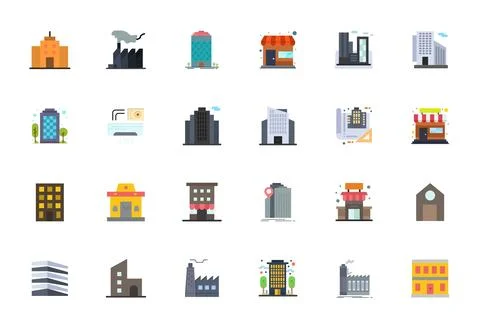 Commercial Building Comprehensive Vector Bundle with 24 Pixel Optimized Fla.. Stock Illustration