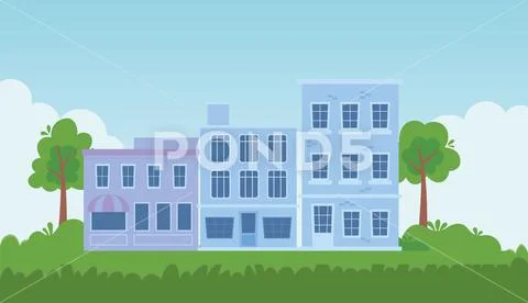Commercial building street grass trees outdoors design Stock Illustration