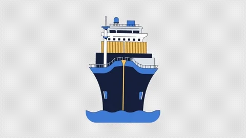 Commercial cargo ship floating front view 2D cartoon object animation Stock Footage 337540901