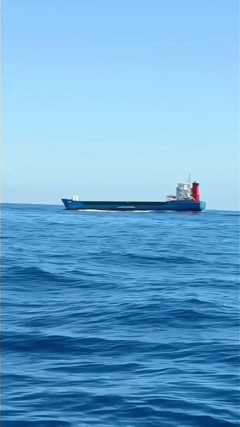 Commercial cargo ship sailing in the open blue sea Video stock 335837234