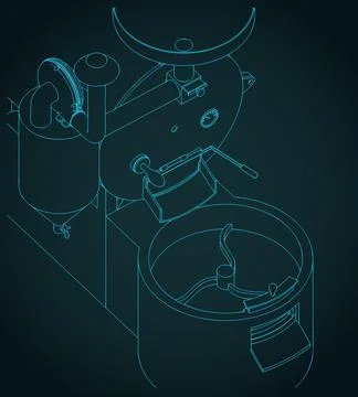 Commercial coffee roaster machine close-up isometric blueprint Stock Illustration