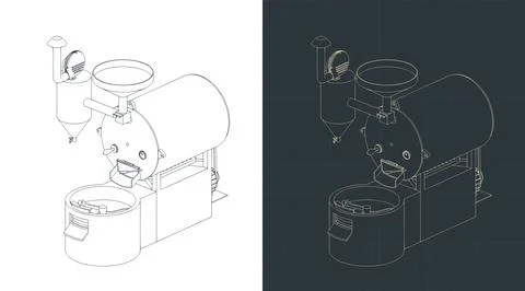 Commercial coffee roaster machine isometric technical drawings Ilustración de archivo