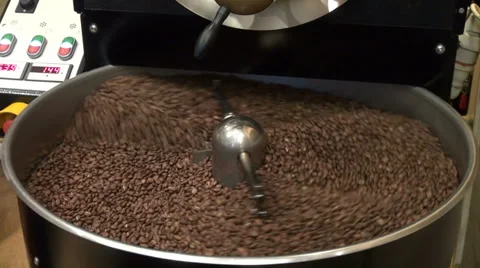 Commercial drum type coffee roaster, centrifugal roaster, roasting coffee beans Stock Footage 32354924