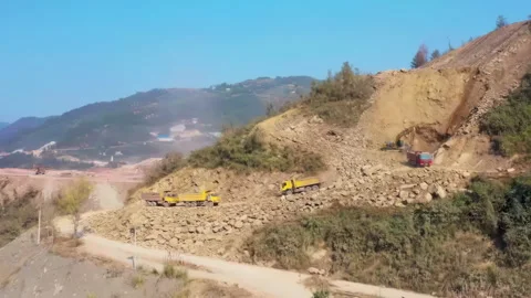 Commercial excavator surface mining, environmental destruction impact showing Stock Footage 316362014