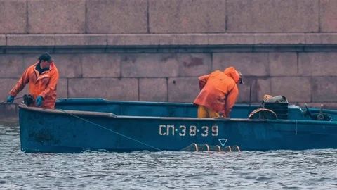 Commercial Fishing Boats In The Neva River Stock Footage