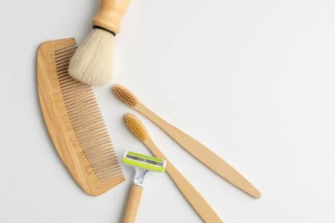 Commercial flat lay background featuring sustainable personal hygiene essenti Stock Photos