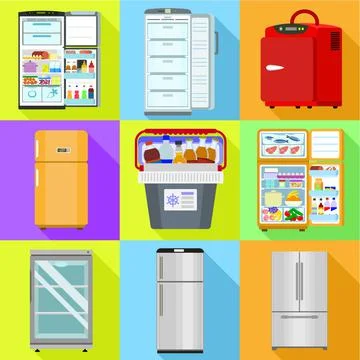 Commercial fridge icon set, flat style Stock Illustration