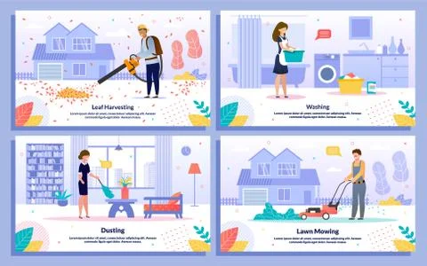 Commercial Housework Services Flat Vector Banners Stock Illustration