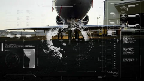 Commercial jet undergoing technical scanning in 3D render on sunlit tarmac with Stock Footage 309107467