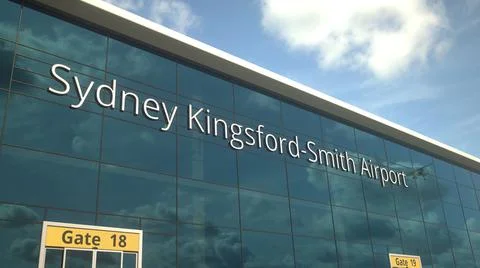 Commercial plane take off reflecting in the windows with Sydney Kingsford Smith Stock Illustration