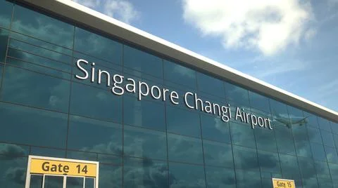 Commercial plane take off reflecting in the windows with Singapore Changi Ilustración de archivo