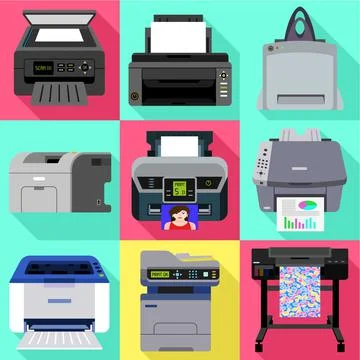 Commercial printer icon set, flat style Illustrazione stock