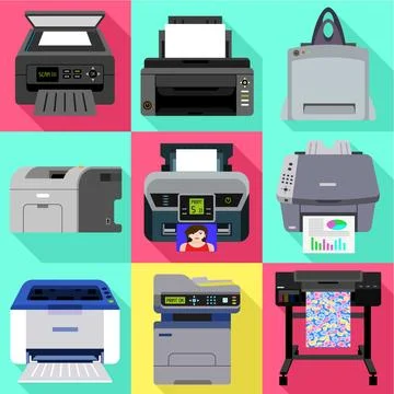 Commercial printer icon set, flat style 스톡 일러스트