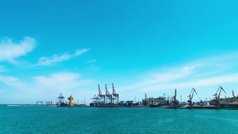Commercial Sea Port, work loading cargo by cranes in Odessa, Ukraine time lapse. Stock Footage 134174372