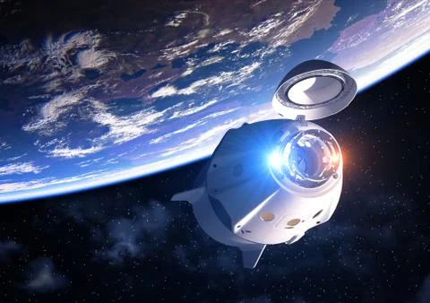 Commercial Spacecraft With Open Docking Hatch Orbiting Planet Earth Stock Illustration